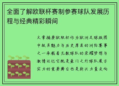 全面了解欧联杯赛制参赛球队发展历程与经典精彩瞬间